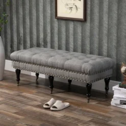HOMCOM Mobile Upholstered Bench Rolling Button-Tufted Fabric Accent Ottoman With Nailhead Trim & Wheels -Homcom Shop GUEST 01606570 d9ab 4905 aeba cc9c4d2dfa22