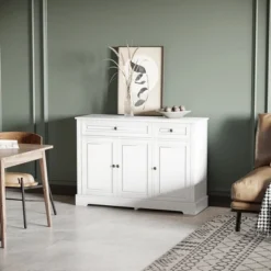 HOMCOM Sideboard Buffet Cabinet, Modern Kitchen Cabinet With 2 Drawers And Adjustable Shelves, Coffee Bar Cabinet For Living Room, White