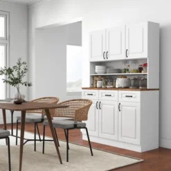 HOMCOM 71" Kitchen Pantry, Freestanding Buffet With Hutch With 3 Drawers, 6 Doors, 2-Tier Countertop And Adjustable Shelves, White