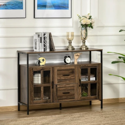 HOMCOM Rustic Kitchen Sideboard, Serving Buffet Storage Cabinet With Adjustable Shelves, Glass Doors, And 2 Drawers For Living Room 3 HOMCOM Rustic Kitchen Sideboard, Serving Buffet Storage Cabinet With Adjustable Shelves, Glass Doors, And 2 Drawers For Living Room