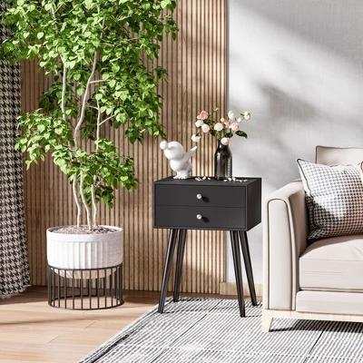 HOMCOM Modern Nightstand With 2 Pull Out Drawers, Side End Table With Display Tabletop And Solid Acacia Legs 2 HOMCOM Modern Nightstand With 2 Pull Out Drawers, Side End Table With Display Tabletop And Solid Acacia Legs