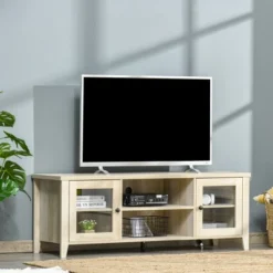 HOMCOM Modern TV Stand, Entertainment Center With Shelves And Cabinets For Flatscreen TVs Up To 60" For Bedroom, Living Room, Oak