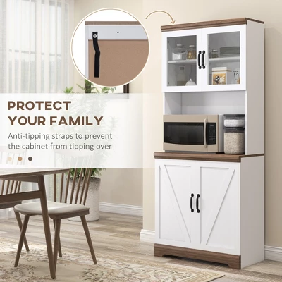 HOMCOM 69" Farmhouse Kitchen Buffet With Hutch, Kitchen Cupboard Storage Cabinet With Glass Doors, Adjustable Shelves, Open Microwave Countertop White 6 HOMCOM 69" Farmhouse Kitchen Buffet With Hutch, Kitchen Cupboard Storage Cabinet With Glass Doors, Adjustable Shelves, Open Microwave Countertop White - Image 4