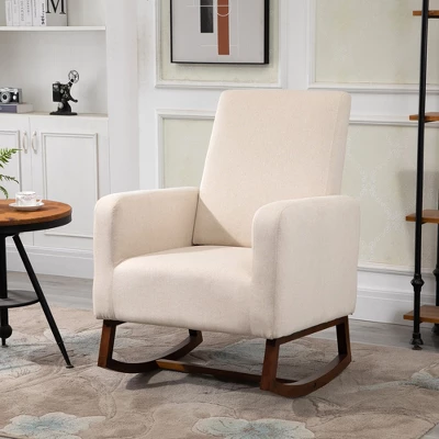 HOMCOM Accent Lounge Rocking Chair With Solid Curved Wood Base And Linen Padded Seat 3 HOMCOM Accent Lounge Rocking Chair With Solid Curved Wood Base And Linen Padded Seat