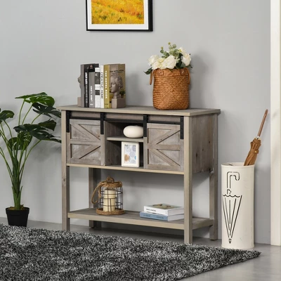 HOMCOM Farmhouse Style Console Table With Sliding Barn Doors And 4 Open Storage Compartments And Elevated Base, Gray 4 HOMCOM Farmhouse Style Console Table With Sliding Barn Doors And 4 Open Storage Compartments And Elevated Base, Gray - Image 2