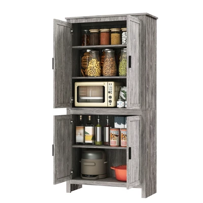 HOMCOM 64" 4-Door Kitchen Pantry, Freestanding Storage Cabinet With 3 Adjustable Shelves For Kitchen, Dining Or Living Room, Gray Oak 5 HOMCOM 64" 4-Door Kitchen Pantry, Freestanding Storage Cabinet With 3 Adjustable Shelves For Kitchen, Dining Or Living Room, Gray Oak - Image 3