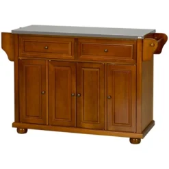 HOMCOM Triple-Cabinet Double-Drawer Kitchen Island With Storage, Butcher Block Island With Stainless Steel Top, Spice & Towel Rack, Brown Wood Finish -Homcom Shop GUEST 225c73bc ddd0 4d5b be9f 3022fa3571b4