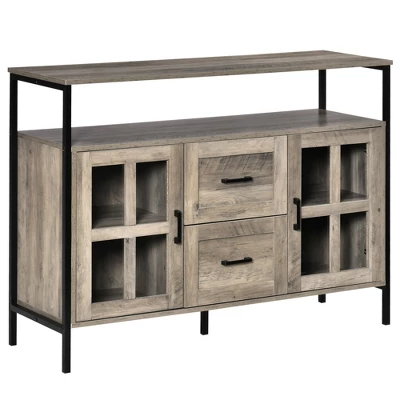 HOMCOM Rustic Kitchen Sideboard, Serving Buffet Storage Cabinet With Adjustable Shelves, Glass Doors, And 2 Drawers For Living Room 9 HOMCOM Rustic Kitchen Sideboard, Serving Buffet Storage Cabinet With Adjustable Shelves, Glass Doors, And 2 Drawers For Living Room - Image 7