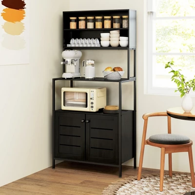 HOMCOM Baker's Rack With Power Outlet, Coffee Bar Cabinet With Storage Shelves, Microwave Stand With Louvred Door Cabinets, Black 3 HOMCOM Baker's Rack With Power Outlet, Coffee Bar Cabinet With Storage Shelves, Microwave Stand With Louvred Door Cabinets, Black