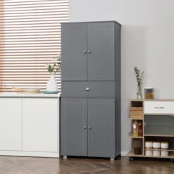 HOMCOM 72" Freestanding Kitchen Pantry Cabinet With 2 Large Double Door Cabinets And 1 Center Drawer, Gray
