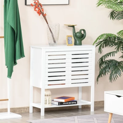 HOMCOM Buffet Sideboard Storage Cabinet With Slat Double Doors, Enclosed Adjustable Shelf And Open Bottom Shelf, White 3 HOMCOM Buffet Sideboard Storage Cabinet With Slat Double Doors, Enclosed Adjustable Shelf And Open Bottom Shelf, White