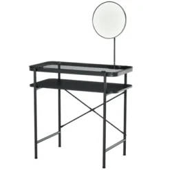 HOMCOM Modern Glasstop Vanity Table With Mirror, Makeup Dressing Table With Rotating Round Mirror, Shelves For Perfumes, Cosmetics, Lotions, Black -Homcom Shop GUEST 3ea758db fa3f 48bf bfca f76e5dd7a4fb
