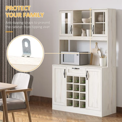 HOMCOM Kitchen Buffet With Hutch Cupboard With Utility Drawer, 4 Door Cabinets, And Optional 12-Bottle Wine Storage, White 6 HOMCOM Kitchen Buffet With Hutch Cupboard With Utility Drawer, 4 Door Cabinets, And Optional 12-Bottle Wine Storage, White - Image 4