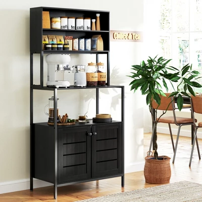 HOMCOM Baker's Rack With Power Outlet, Coffee Bar Cabinet With Storage Shelves, Microwave Stand With Louvred Door Cabinets, Black 6 HOMCOM Baker's Rack With Power Outlet, Coffee Bar Cabinet With Storage Shelves, Microwave Stand With Louvred Door Cabinets, Black - Image 4