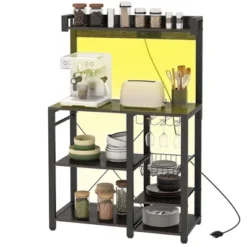 HOMCOM Kitchen Bakers Rack With Power Outlet And LED Lights, Microwave Stand, Coffee Bar With Metal Basket, Multiple Shelves And Glass Holders -Homcom Shop GUEST 408f72db 691d 473f 826d ec1705c372ed