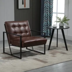 HOMCOM Mid-Century Modern Accent Chair Faux Leather Sofa Button Tufted Armchair With Metal Frame, Brown