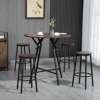 HOMCOM Industrial 5-Piece Bar Table And Chairs Set, Space Saving Dining Table With 4 Stools For Pub And Kitchen, Brown 4 HOMCOM Industrial 5-Piece Bar Table And Chairs Set, Space Saving Dining Table With 4 Stools For Pub And Kitchen, Brown - Image 2
