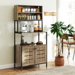 HOMCOM Baker's Rack With Power Outlet, Coffee Bar Cabinet With Storage Shelves, Microwave Stand With Louvred Door Cabinets, Gray Wood Grain -Homcom Shop GUEST 5391e44b d3f2 47b7 8d0a f81fae65073a