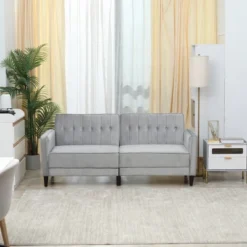 HOMCOM Convertible Sleeper Sofa, Futon Sofa Bed With Split Back Design Recline, Thick Padded Velvet-Touch Cushion Seating And Wood Legs, Light Grey -Homcom Shop GUEST 599c85ac f82e 46a6 8c98 a7fe91801285