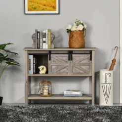 HOMCOM Farmhouse Style Console Table With Sliding Barn Doors And 4 Open Storage Compartments And Elevated Base, Gray 11 HOMCOM Farmhouse Style Console Table With Sliding Barn Doors And 4 Open Storage Compartments And Elevated Base, Gray -Homcom Shop GUEST 5e378e06 552f 4ad6 90fd 0f132a4179cf