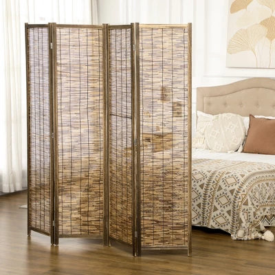 HOMCOM 5.5' Tall Room Divider With Wood & Hand Woven Reed, 4 Panel Folding Privacy Screens, Portable Partition Wall Divider 2 HOMCOM 5.5' Tall Room Divider With Wood & Hand Woven Reed, 4 Panel Folding Privacy Screens, Portable Partition Wall Divider