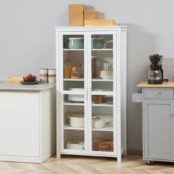 HOMCOM Freestanding Kitchen Pantry, 5-tier Storage Cabinet With Adjustable Shelves And 2 Glass Doors, White