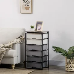 HOMCOM Dresser Storage Drawers With 6 Plastic Bins And Steel Frame, Crafting Bins For Living Room, Bedroom, Grey