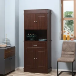 HOMCOM 72" Kitchen Buffet With Hutch, Freestanding Pantry Cupboard With Utility Drawer, Adjustable Hinge, Anti-tipping 2 Cabinet And Countertop, Brown