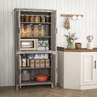 HOMCOM 64" 4-Door Kitchen Pantry, Freestanding Storage Cabinet With 3 Adjustable Shelves For Kitchen, Dining Or Living Room, Gray Oak 4 HOMCOM 64" 4-Door Kitchen Pantry, Freestanding Storage Cabinet With 3 Adjustable Shelves For Kitchen, Dining Or Living Room, Gray Oak - Image 2