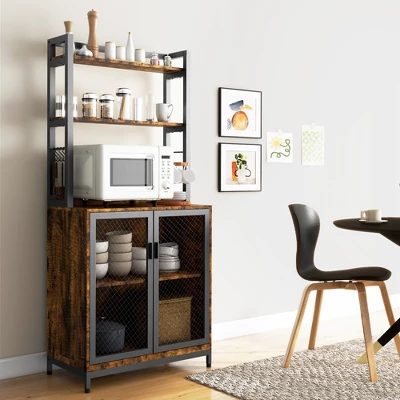 HOMCOM Kitchen Bakers Rack, Microwave Stand, Coffee Bar With Adjustable Shelves, 4 Hooks For Spices, Pots And Pans, Rustic Brown 3 HOMCOM Kitchen Bakers Rack, Microwave Stand, Coffee Bar With Adjustable Shelves, 4 Hooks For Spices, Pots And Pans, Rustic Brown