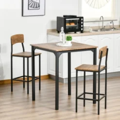 HOMCOM 3 Piece Industrial Counter Height Dining Table Set, Bar Table & Chairs With Steel Legs & Footrests