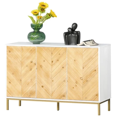 HOMCOM Modern 3 Door Accent Sideboard Storage Cabinet With Chevron Pattern And Adjustable Shelving, Natural Wood 5 HOMCOM Modern 3 Door Accent Sideboard Storage Cabinet With Chevron Pattern And Adjustable Shelving, Natural Wood - Image 3