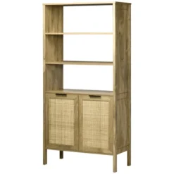 HOMCOM Bookshelf, Storage Cabinet With 3 Open Shelves And Natural Rattan Decor, Bookcase For Living Room, Study, Bedroom -Homcom Shop GUEST 732e8dc1 d40b 41b3 8b65 fddbf2d8029c