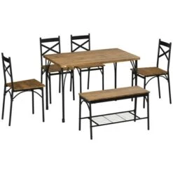 HOMCOM Industrial Dining Table Set For 6 People, 6 Piece Kitchen Table And Chairs Set, Dinner Table With Bench, Steel Frame And Storage Shelf -Homcom Shop GUEST 752a60be d3c6 4380 9686 ef4e6c97f7bd