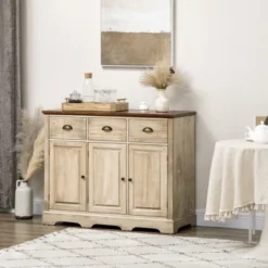 HOMCOM Sideboard Buffet Cabinet With Storage Drawers Adjustable Shelves Countertop Dining Room Cabinet Kitchen Buffet Living Room Furniture Natural