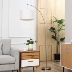 HOMCOM Arc Floor Reading Lamp, Tall Pole Standing Lamp With Hanging Fabric Lampshade For Living Room Or Bedroom, Silver/White