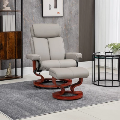HOMCOM Recliner Chair With Ottoman, 360° Swivel Reclining Chair With Wood Base And Matching Footrest, Gray 3 HOMCOM Recliner Chair With Ottoman, 360° Swivel Reclining Chair With Wood Base And Matching Footrest, Gray