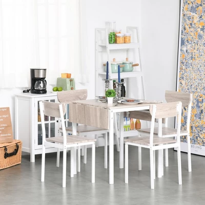 HOMCOM Modern 5-Piece Dining Table Set For 4 With Foldable Drop Leaf, 4 Chairs, And Metal Frame For Small Spaces, White 3 HOMCOM Modern 5-Piece Dining Table Set For 4 With Foldable Drop Leaf, 4 Chairs, And Metal Frame For Small Spaces, White