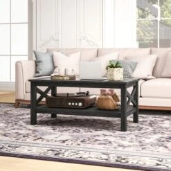 HOMCOM Farmhouse Style Coffee Table With Wood Frame, Tempered Glass Tabletop And Underneath Storage Shelf For Living Room -Homcom Shop GUEST 800a59c2 50ec 4466 9612 5c1279cd53b1