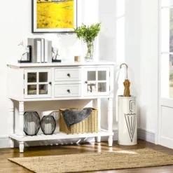 HOMCOM Vintage Console Table With 2 Drawers And Cabinets, Retro Sofa Table For Entryway, Living Room And Hallway, White