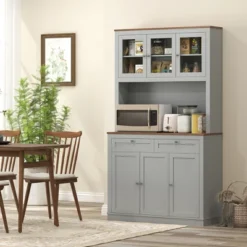 HOMCOM 71" Tall Kitchen Pantry Storage Cabinet With 2 Drawers, Microwave Cabinet With Adjustable Shelves And Glass Doors, Gray