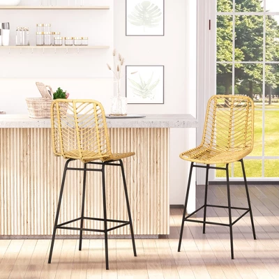 HOMCOM Modern Rattan Bar Stools Set Of 4, Breathable Steel-Base Wicker Counter Height Barstools For Kitchen Counter, Yellow 4 HOMCOM Modern Rattan Bar Stools Set Of 4, Breathable Steel-Base Wicker Counter Height Barstools For Kitchen Counter, Yellow - Image 2