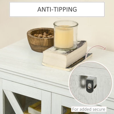 HOMCOM Rustic Kitchen Sideboard, Glass Door Buffet Cabinet, TV Stand With Adjustable Shelf For Dining Room, White 6 HOMCOM Rustic Kitchen Sideboard, Glass Door Buffet Cabinet, TV Stand With Adjustable Shelf For Dining Room, White - Image 4