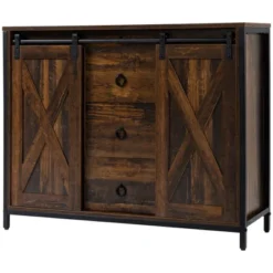 HOMCOM Industrial Farmhouse Buffet Cabinet, Kitchen Sideboard With Sliding Barn Doors, 3 Drawers And Adjustable Shelves For Living Room, Rustic Brown -Homcom Shop GUEST 8b1a15e4 fe7a 4914 8f20 2d50d053af47