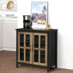 HOMCOM Kitchen Sideboard, Glass Door Buffet Cabinet, Accent Cupboard With Adjustable Storage Shelf For Living Room, Black Wood Grain -Homcom Shop GUEST 8fb8ae6a 4b7c 4b08 af33 37965413f587