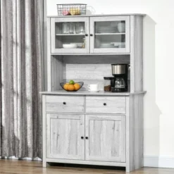 HOMCOM 63.5" Kitchen Buffet With Hutch, Pantry Storage Cabinet With 4 Shelves, Drawers, Framed Glass Doors, Open Microwave Countertop, Ash Gray