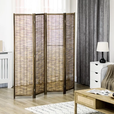 HOMCOM 5.5' Tall Room Divider With Wood & Hand Woven Reed, 4 Panel Folding Privacy Screens, Portable Partition Wall Divider 3 HOMCOM 5.5' Tall Room Divider With Wood & Hand Woven Reed, 4 Panel Folding Privacy Screens, Portable Partition Wall Divider - Image 2