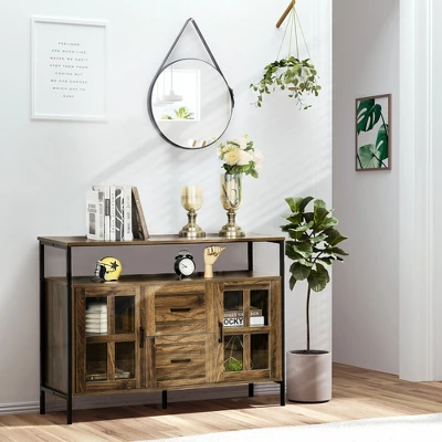 HOMCOM Rustic Kitchen Sideboard, Serving Buffet Storage Cabinet With Adjustable Shelves, Glass Doors, And 2 Drawers For Living Room 4 HOMCOM Rustic Kitchen Sideboard, Serving Buffet Storage Cabinet With Adjustable Shelves, Glass Doors, And 2 Drawers For Living Room - Image 2