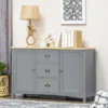 HOMCOM Buffet Cabinet With 3 Storage Drawers And Adjustable Shelves, 2 Door Sideboard With Rubber Wood Top, Coffee Bar For Living Room, Gray