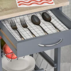 HOMCOM 32.25" Wooden Rolling Kitchen Storage Cart, Kitchen Island With Storage Drawer And Baskets On 360° Swivel Wheels -Homcom Shop GUEST 98996e3a eb46 4f22 8f57 7aa9eceaaa36